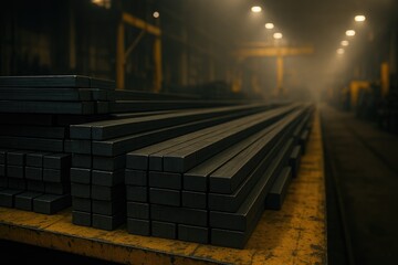 Fototapeta premium Stacked metal bars in a dimly lit warehouse, raw materials for industry