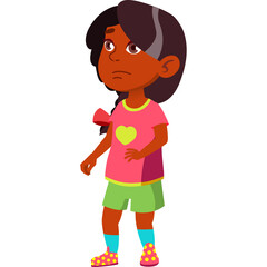 Young Diverse Girl With Brown Skin And Dark Hair Wearing A Pink T Shirt With A Yellow Heart And Green Shorts Looking Sad On Transparent Background