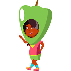 Young Girl Wearing A Green Bell Pepper Costume And Smiling While Pointing Forward Against A White Background