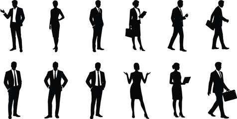 Silhouettes of business people standing and walking, professional men and women in office attire representing teamwork, success, and communication
