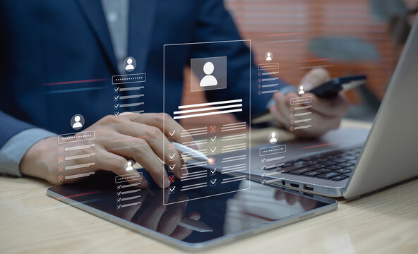 Concept of online verification and digital data access security. Businessman reviewing approval or denial notifications on secure digital platforms, representing data protection and cybersecurity.