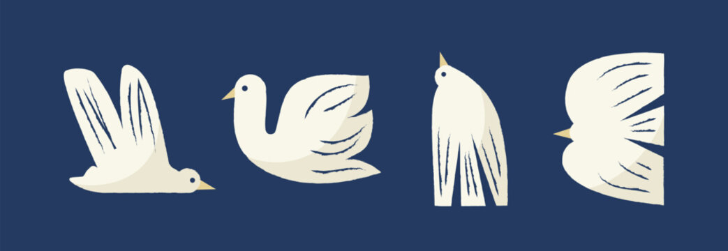 Set of stylized white birds in various flying and resting positions on dark blue background. Flat minimal vector illustration. Animal design elements. Peace and freedom concept for design and print