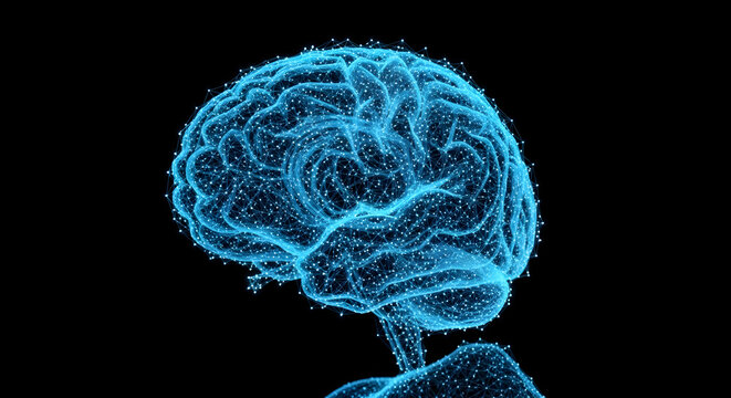 Dynamic digital brain network glowing with data points, representing intelligence and AI innovation