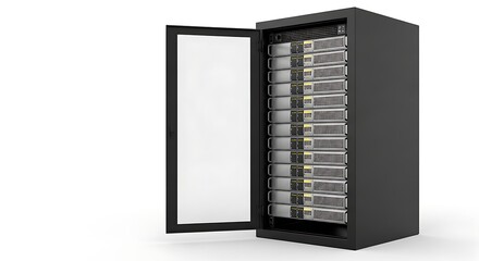 Network server with open door providing data storage solution with technology concept