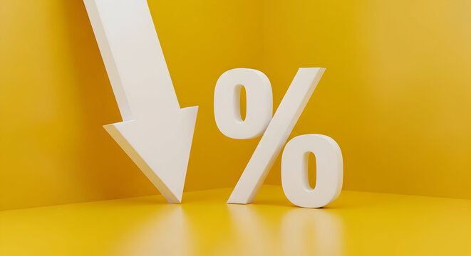 Stunning 3D render of a dramatic downward arrow and percent sign symbolizing financial decline