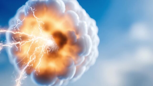 Explosive Energy: A stunning visualization of a powerful energy explosion, with dynamic lightning bolts crackling through a cloud-like structure, all set against a serene sky. 