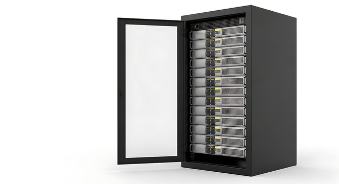 Network server with open door providing data storage solution with technology concept