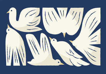 Set of stylized white birds in various flying and resting positions on dark blue background. Flat minimal vector illustration. Animal design elements. Peace and freedom concept for design and print © Olexandra Simkina