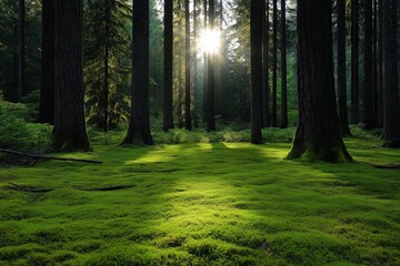 Obraz premium Morning sunlight streams through tall trees in a peaceful forest