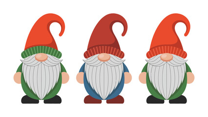 Whimsical Gnome Trio: A charming assembly of three whimsical garden gnomes, each with a distinctive appearance, showcasing their playful charm with an inviting simplicity.
