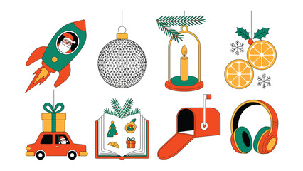 Festive Array: A vibrant collection of Christmas ornaments and illustrations that capture the spirit of the season. A playful arrangement of decorations.