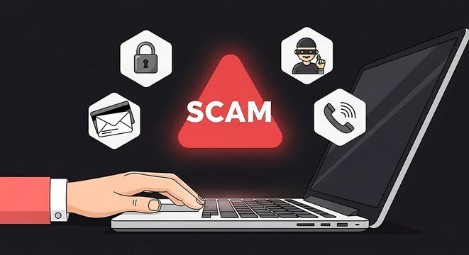 Online scam illustration depicting a hand typing on a laptop keyboard - Powered by Adobe