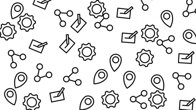 Technology network gear icons and location markers digital illustration in seamless pattern design with flat line style and black outline