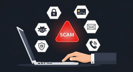 Online Scam Prevention Concept with Laptop and Cyber Security Icons around Triangle