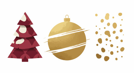 A modern graphic collection of festive elements: a stylized red tree, an elegant golden bauble, and abstract gold splatter patterns.