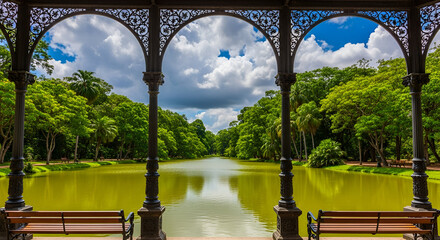 Fototapeta premium A picturesque view of a serene lake framed by an ornate archway, showcasing lush greenery.