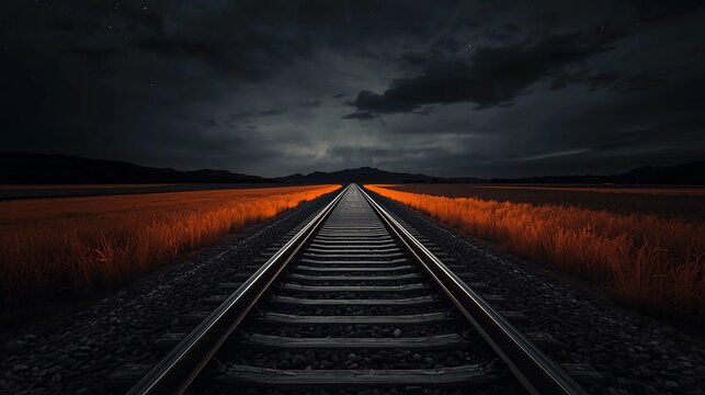 A dark, dramatic image shows a set of railroad tracks extending straight toward the horizon under a stormy, dark night sky.