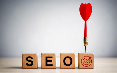 Wooden Blocks Showing SEO with Dart Hitting Target Concept for Search Engine Optimization and Marketing Success