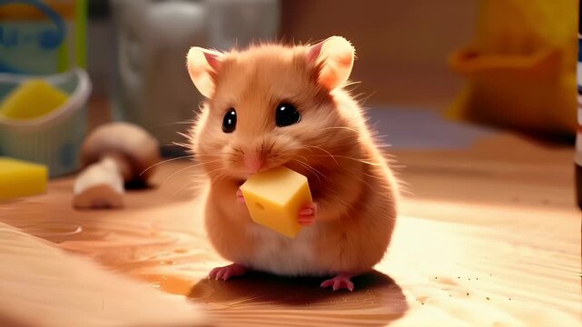A closeup of a hamster holding a piece of cheese in its mouth. The hamsters fur is a soft peach color, and its eyes are a deep black.