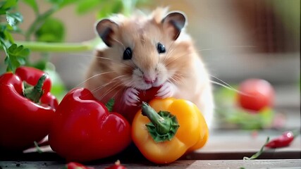 A closeup of a hamster eating red and yellow bell peppers. The hamster is surrounded by fresh vegetables, including red and green bell peppers. - Powered by Adobe