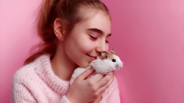 A young girl in a pink sweater holds a white and brown hamster close to her face against a pink background.
