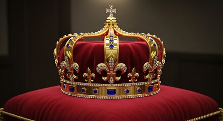 Opulent golden crown adorned with jewels resting on red velvet pillow