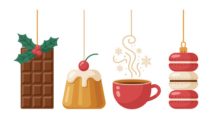 Festive Dessert Delights: A collection of exquisite desserts, each a miniature masterpiece. Featuring a chocolate, pudding, hot coffee and macaron with a dash of festive elegance. 