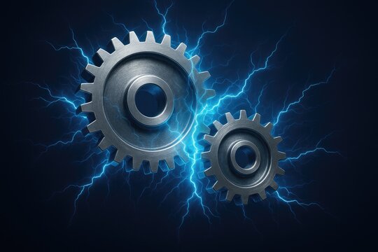 Metallic gears interlocked with bright electric blue lightning strikes and energy power