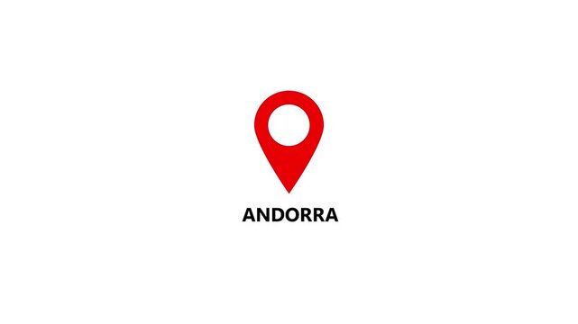 Andorra  map location pin animation. Belgium text up down location pin pointer icon white background, Alpha channel GPS location tracking animation. 4K video