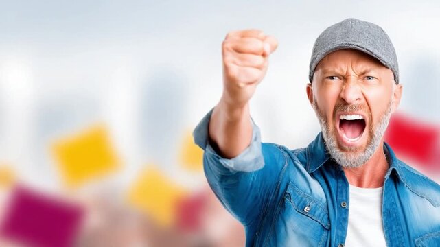 Expression of Anger: A man expressing intense anger and frustration, clenching his fist and shouting, capturing the raw emotion of the moment.