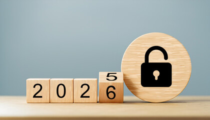 Black Open Padlock Icon on Wooden Disc with Year Transition from 2025 to 2026