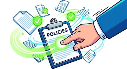 Policies documentation management process illustration with clipboard and flying papers
