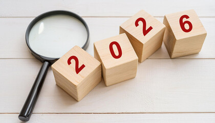 2026 Wooden Blocks Under Magnifying Glass Representing Focus and Planning for the Year Ahead