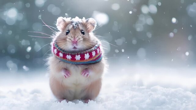 A closeup of a hamster wearing a festive scarf amidst a snowy backdrop. The hamster is adorned with a snowflake on its head, adding a touch of wintery charm.