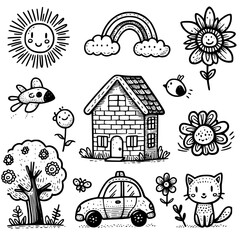 Happy Home: A Whimsical World in Ink, A black-and-white cartoon-style illustration featuring a house, smiling sun, rainbow, flowers, and playful animals © Sa_e