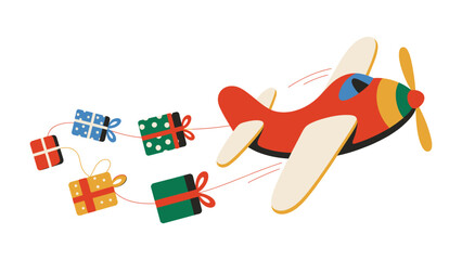 Joyride of Gifts: A whimsical cartoon airplane, laden with colorful gift boxes, soars through the air, embodying the spirit of celebration and spreading cheer. 