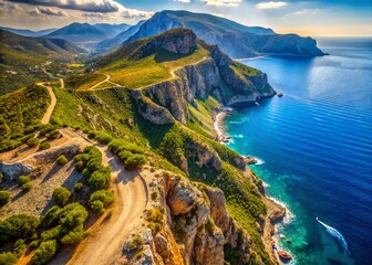 Fototapeta premium Dramatic Aerial View of Greek Island Hiking Trails & Rugged Coastline: Geography & Safety