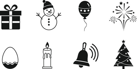 Holiday celebration icons, Christmas tree, snowman, wrapped gift, Easter egg, candle, ringing bell, balloon, fireworks, festive seasonal decorative graphic illustration