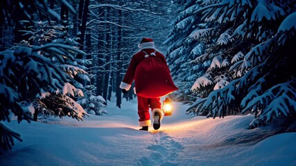 Santa Claus walking through snowy forest with a glowing lantern and large sack of gifts. Magical winter night full of festive wonder - Powered by Adobe