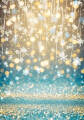Magical winter background with cascading golden lights, white snowflakes, and shimmering blue glitter, evoking festive holiday cheer and enchanting seasonal wonder.

