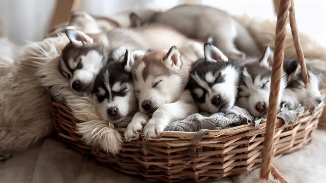 A closeup of a group of husky puppies resting in a wicker basket. The puppies are in various stages of sleep, with some lying down and others curled up.