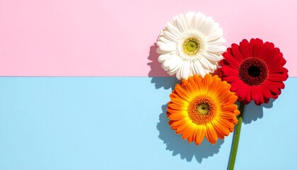Vibrant Gerbera Daisy Trio on Pink and Blue Pastel Background Colorful Spring Bloom Collection Commercial Floral Photography
