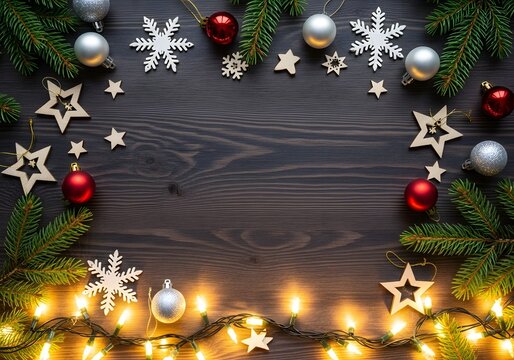 Festive Christmas frame with pine branches, red ornaments, silver baubles, white snowflakes, and warm fairy lights on dark wood for holiday greetings and seasonal design.

