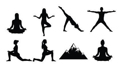 Yoga poses and mountain silhouettes isolated on transparent background, Vector