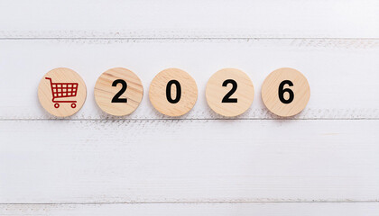 Red Shopping Cart Icon with Wooden Round Discs Displaying the Year 2026