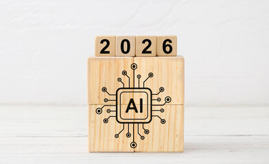 Artificial Intelligence AI Icon on Wooden Blocks with 2026 Year Display