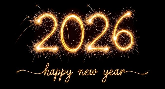 Bright glowing 2026 numbers made from sparkling fireworks against a dark background with happy new year text