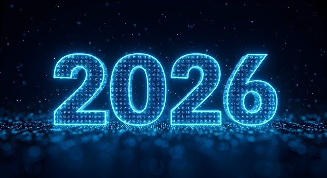 Bright neon blue glowing digital numbers 2026 displayed on a dark futuristic textured surface with particles - Powered by Adobe