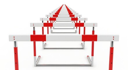Row of hurdles illustrating obstacles challenges and the pathway to success