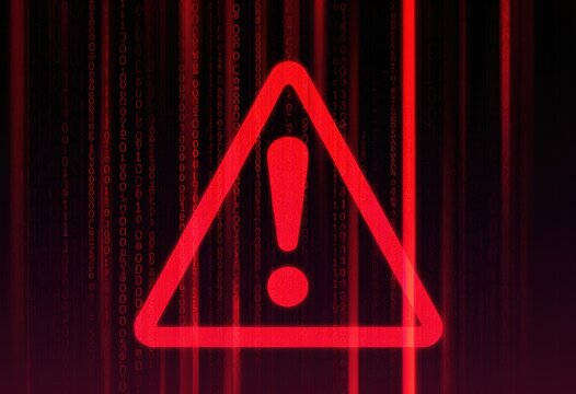 Red warning triangle with exclamation mark over binary code background